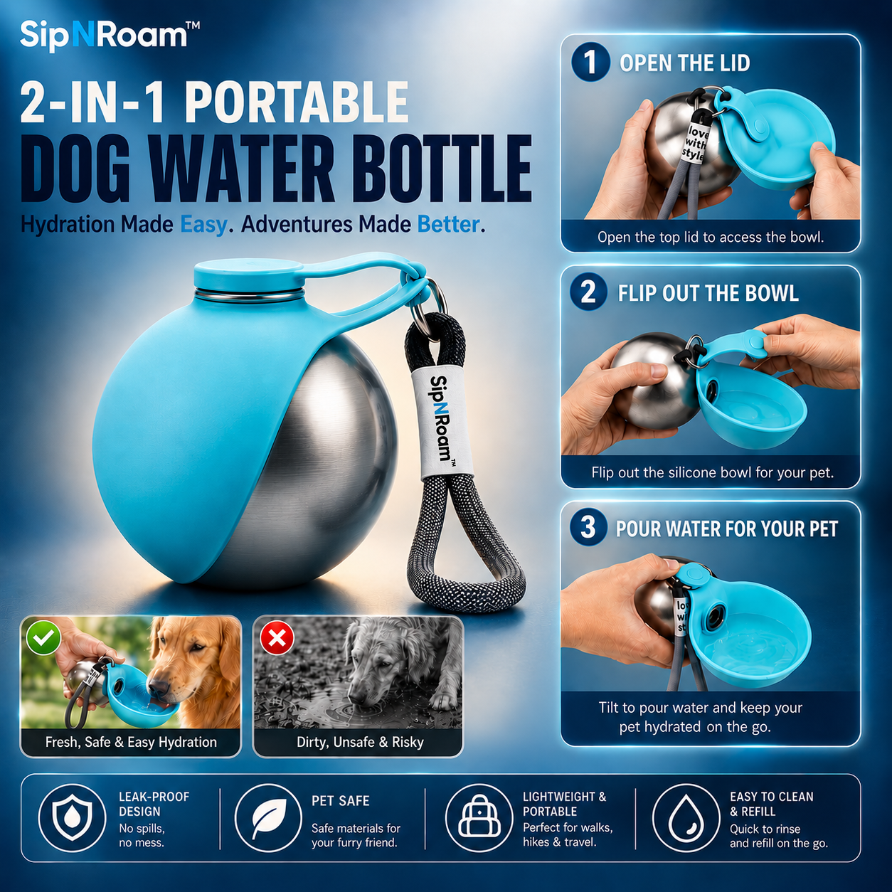 SipNRoam™ 2-in-1 Portable Dog Water Bottle